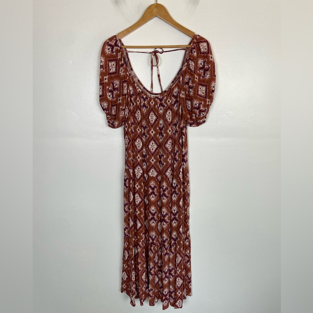 Knox Rose Boho Tiered Maxi Dress Tiered Size M Diamond Print Puff Sleeve Brown